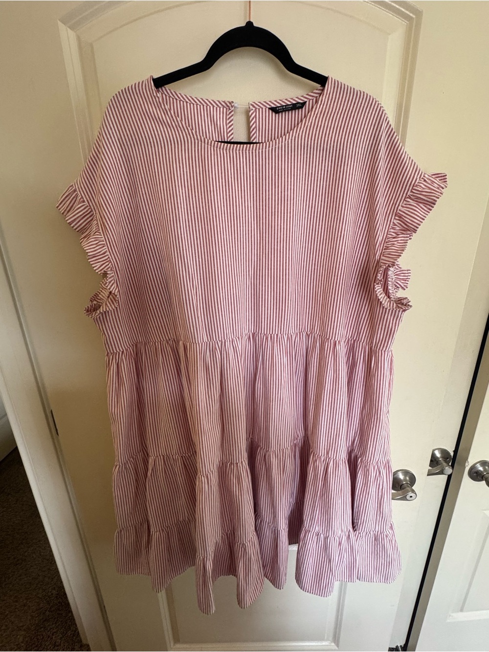 SHEIN Red & White Striped Ruffle Sleeve Tiered Dress